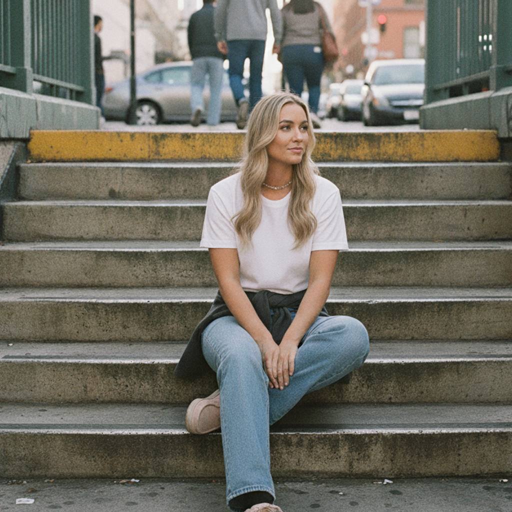 Women’s organic maple tee: white t-shirt with black trim, pocket, blue jeans, pink sneakers