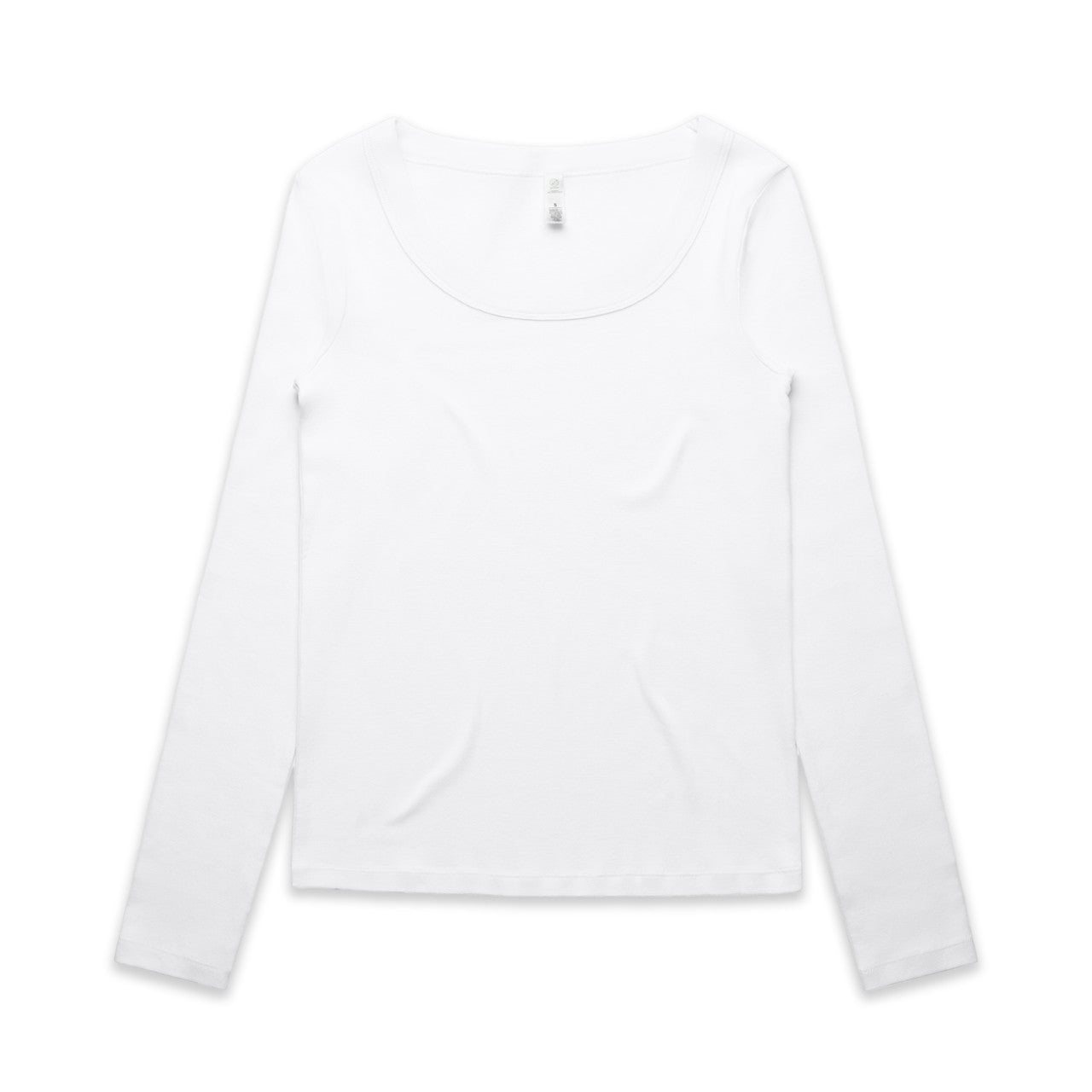 Women’s organic ribbed long sleeve tee in white with scooped neckline and ribbed cuffs