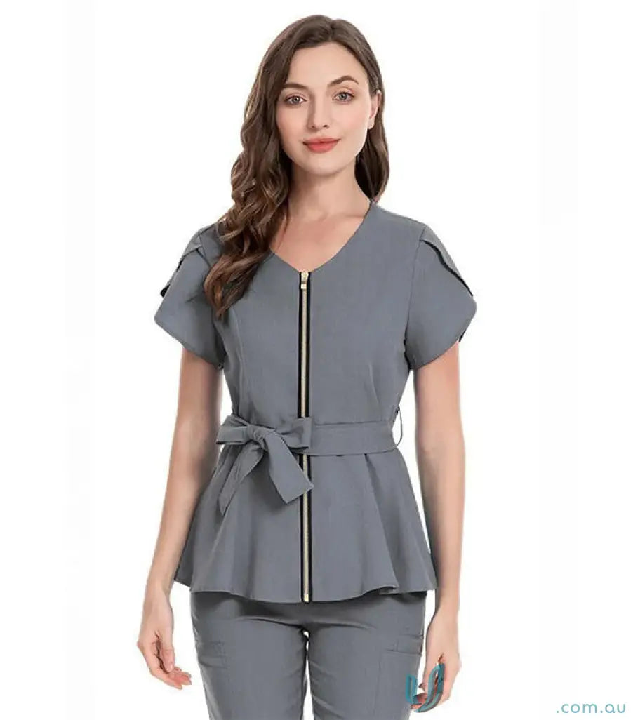 Gray belted scrub suit from Women’s Poplin Scrub Set with cargo pockets