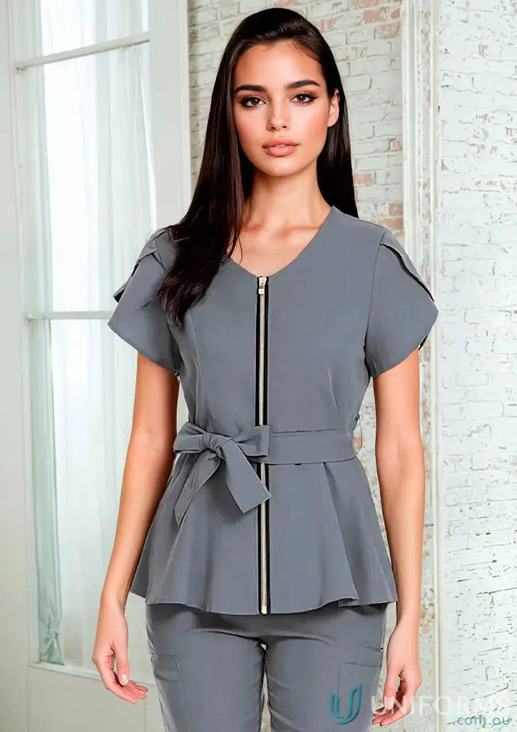 Gray zip-front belted peplum Women’s Poplin Scrub Set with cargo pockets