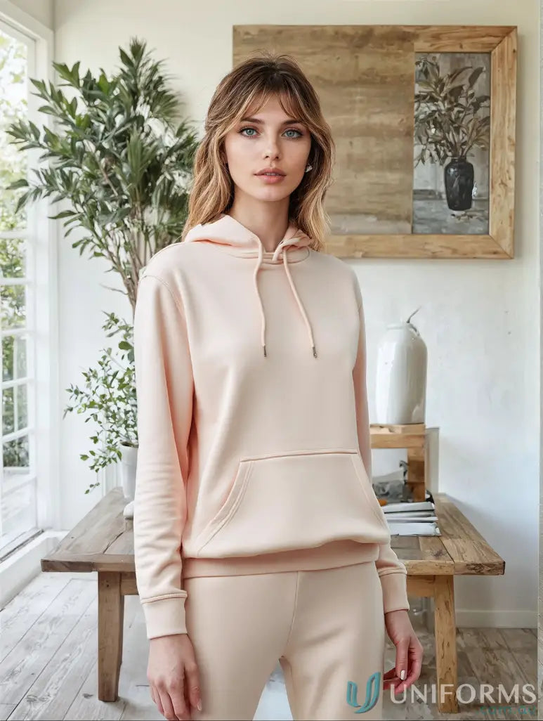 Woman in Peach Women’s Premium Hoodie with heavy hood and oversized heavyweight fit