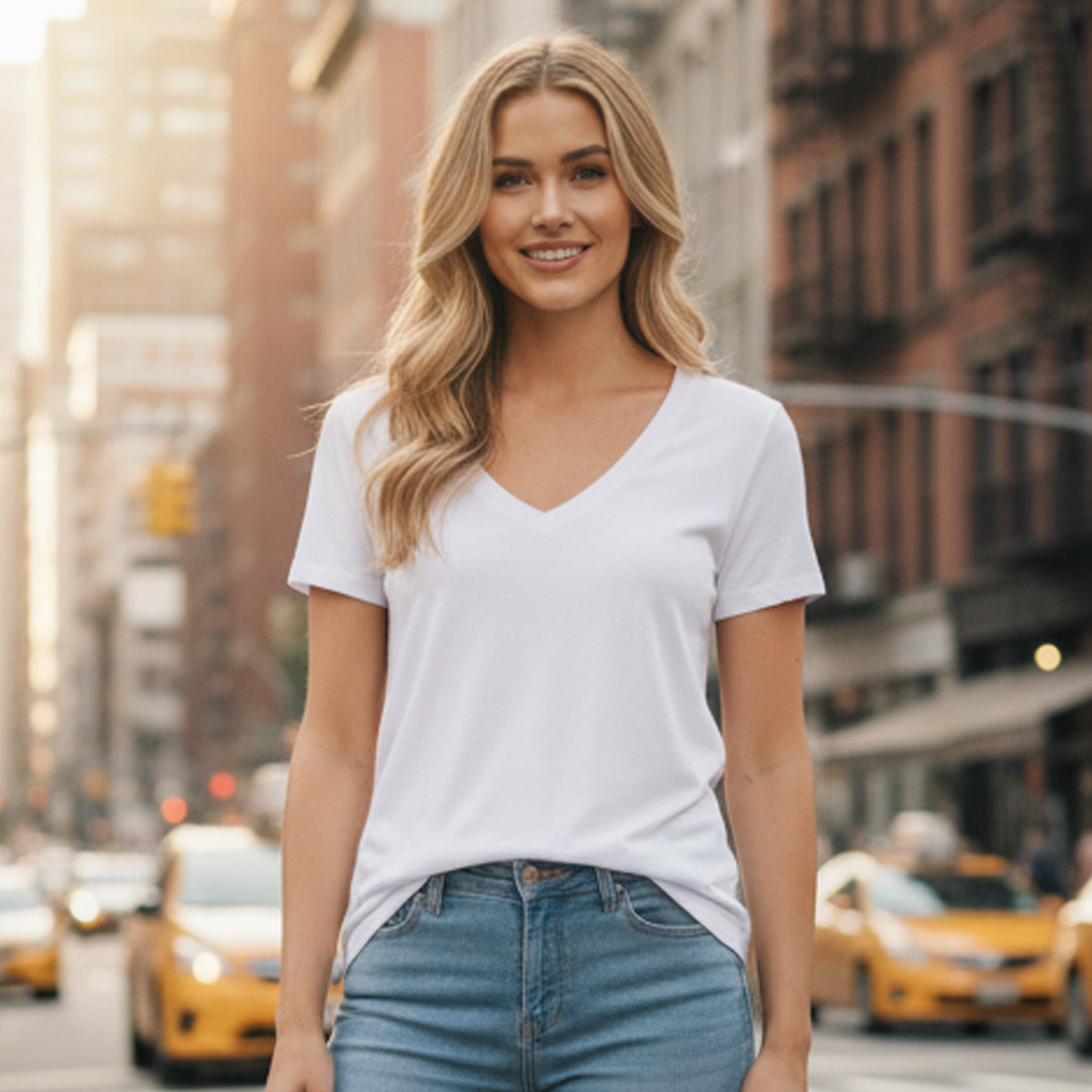 Women’s premium v-neck tee in white with jeans amid yellow taxis for everyday comfort