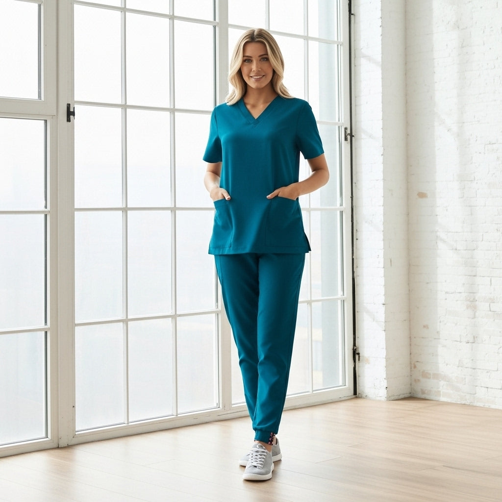 Teal v-neck short-sleeve womens pulse jogger scrub top and pant