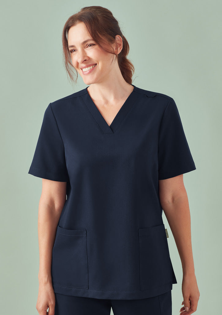 Navy blue Pulse V-Neck Scrub Top with pockets, stay cool utility loop