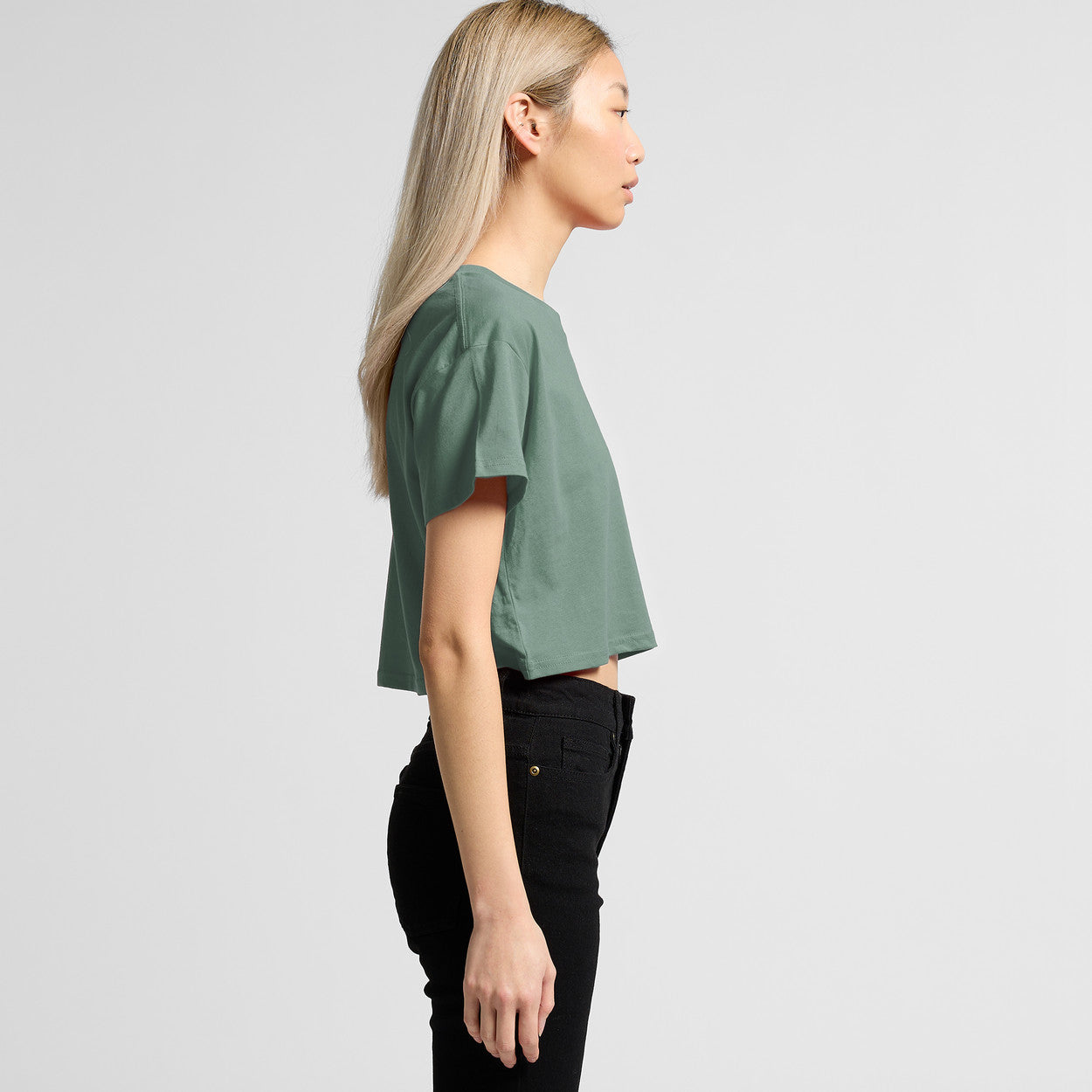 Green relaxed fit crop tee for women with black pants