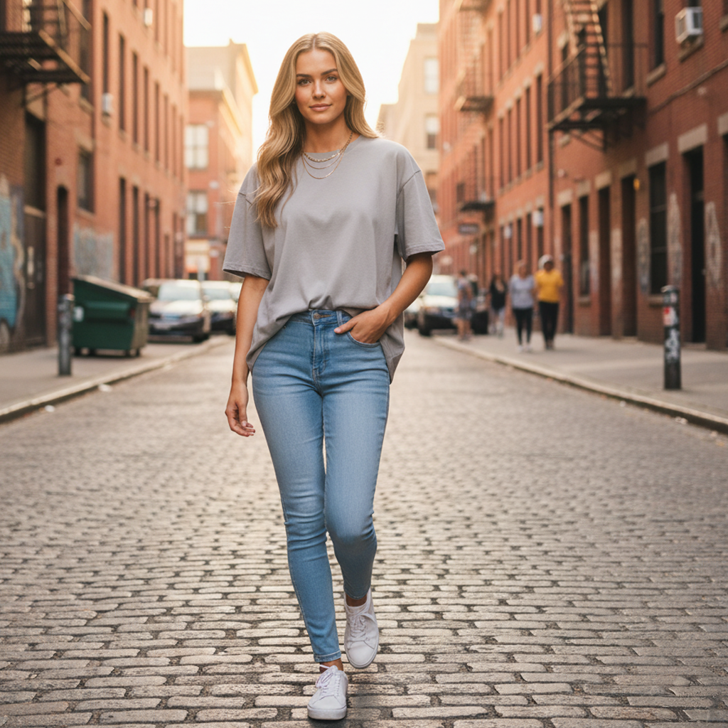 Womens relaxed fit Martina combed cotton t-shirt with light blue distressed denim jeans and white sneakers
