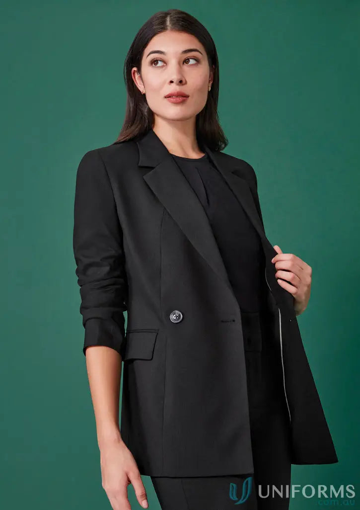 Black women’s Renew double-breasted longline jacket made from recycled polyester fabric