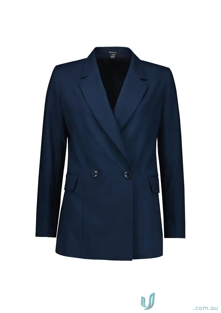 Navy blue womens renew double big longline blazer made from recycled polyester
