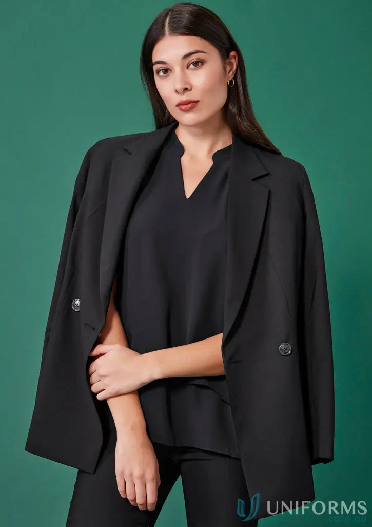 Woman in black blazer and top wearing Womens Renew Double Breasted Longline Jacket