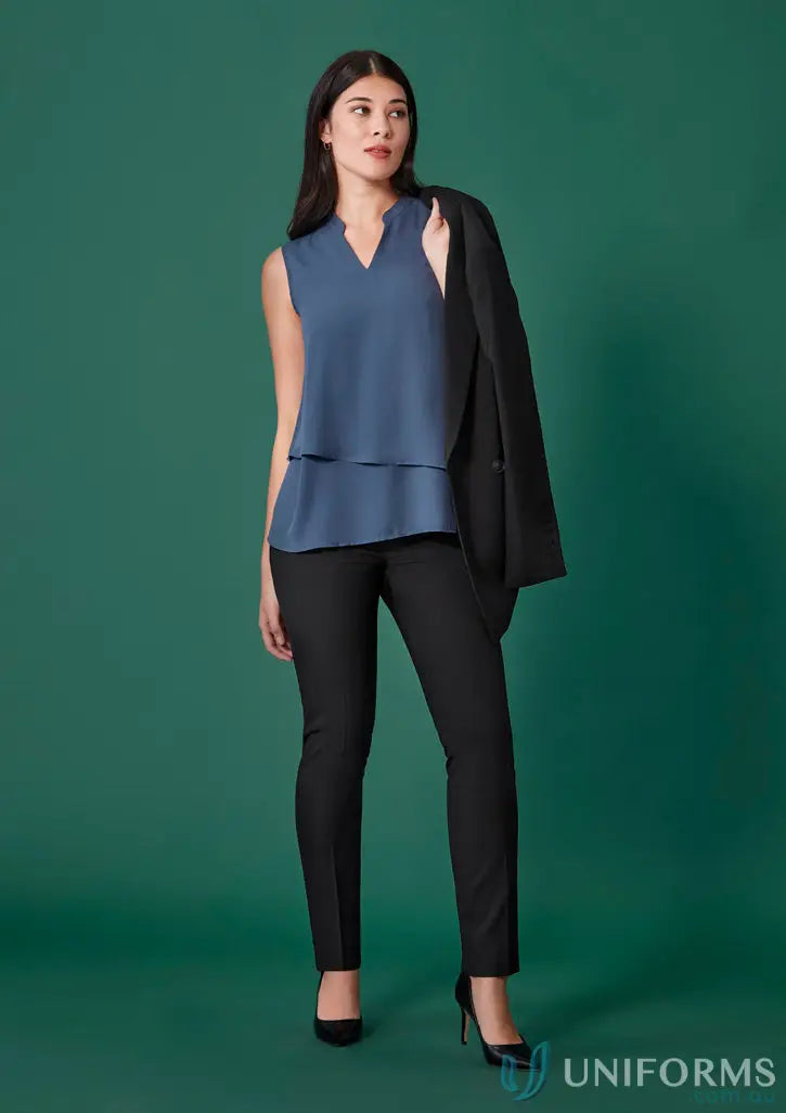 Womens Renew Mid-Waist Slim Leg Pant styled with layered top and blazer, chic office look