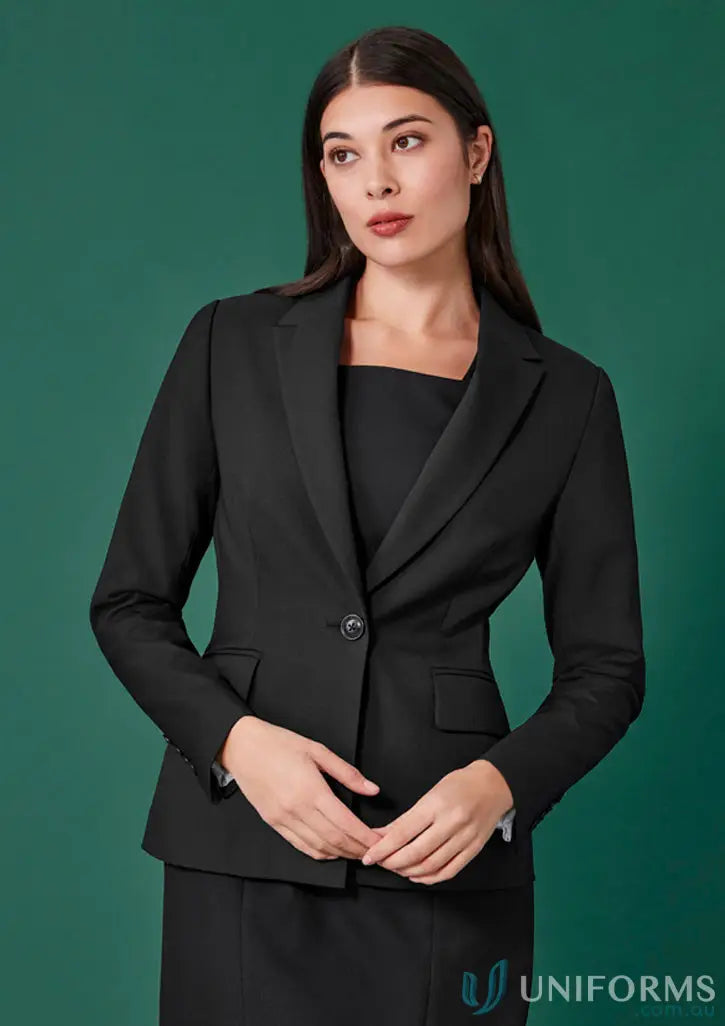 Womens Renew Single Button Mid Length Jacket in sleek black business suit style