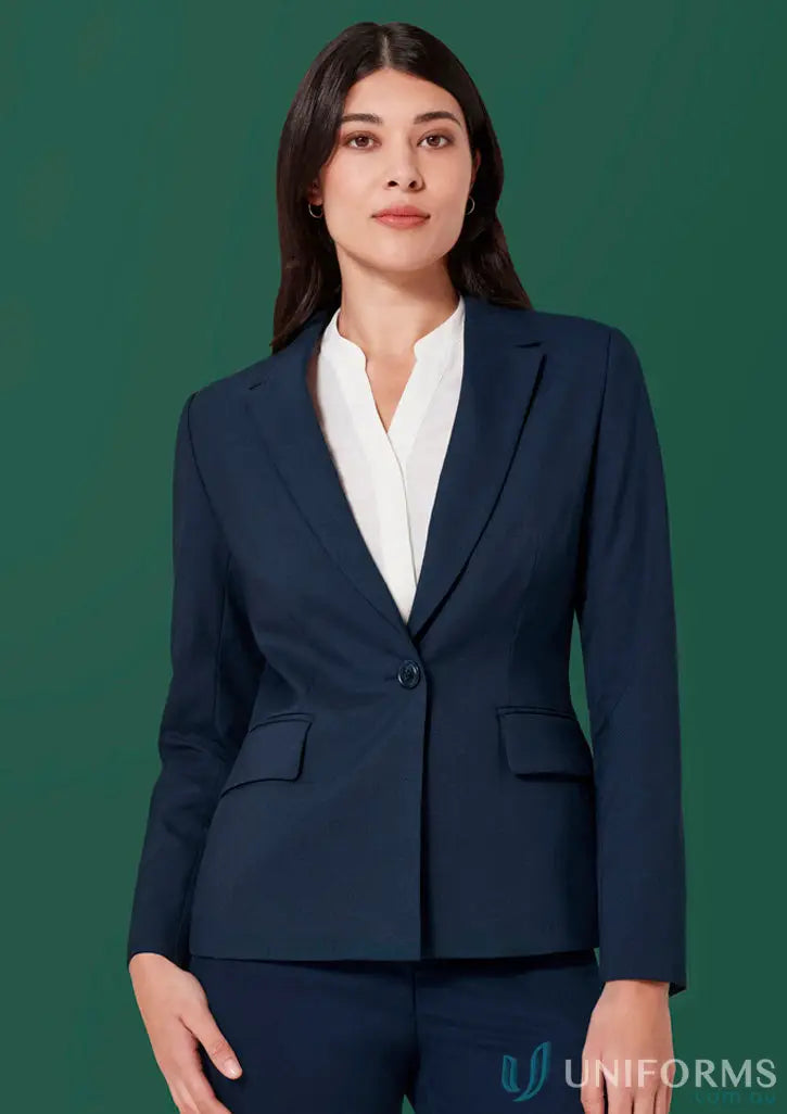 Womens Renew Single Button Mid Length Jacket in navy blue business suit style