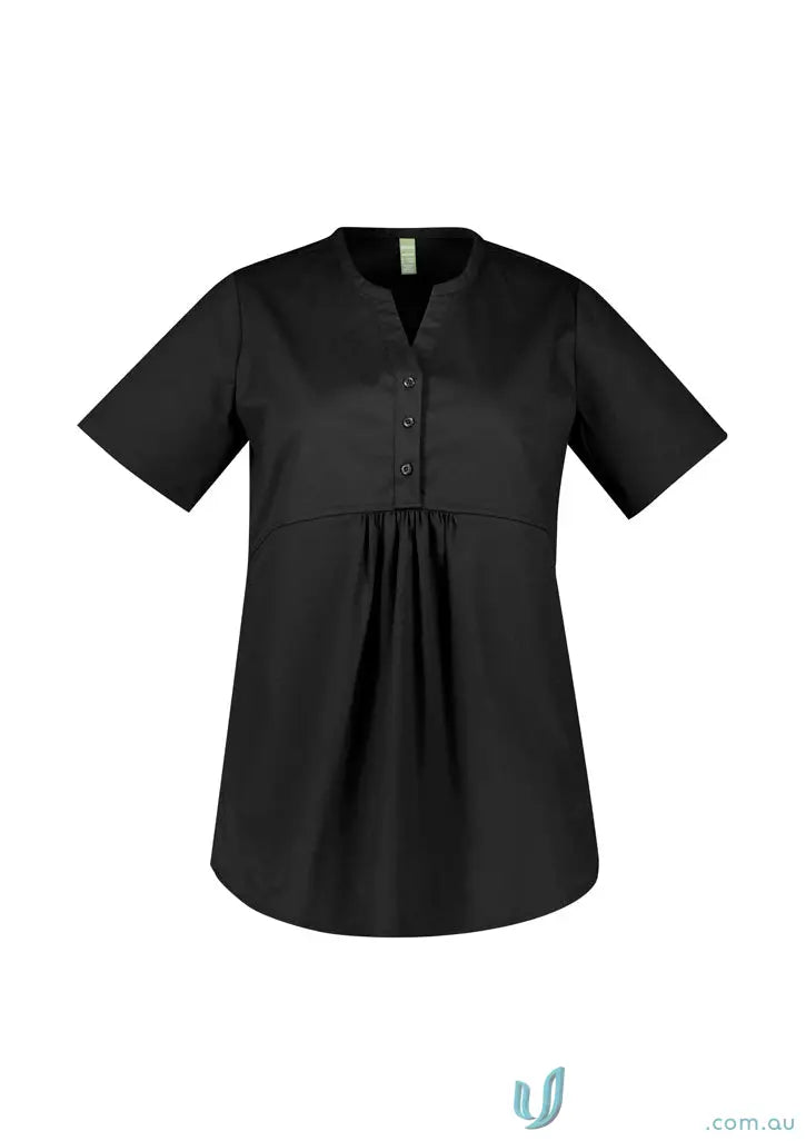 Black Womens Rose Tunic Scrub Top with pleats, notched V-neck, and SilverPlus treatment