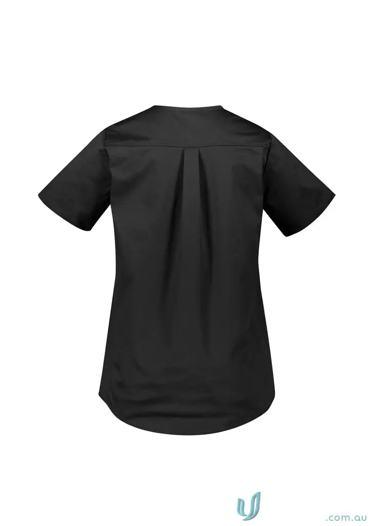 Black short-sleeved Womens Rose Tunic Scrub Top with notched V-neck and pleated back