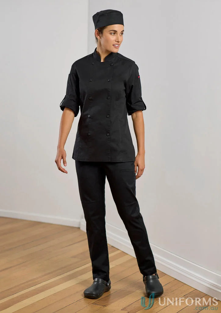 Black chef’s uniform featuring Womens Saffron Chef Flex Pant for a stylish cook look
