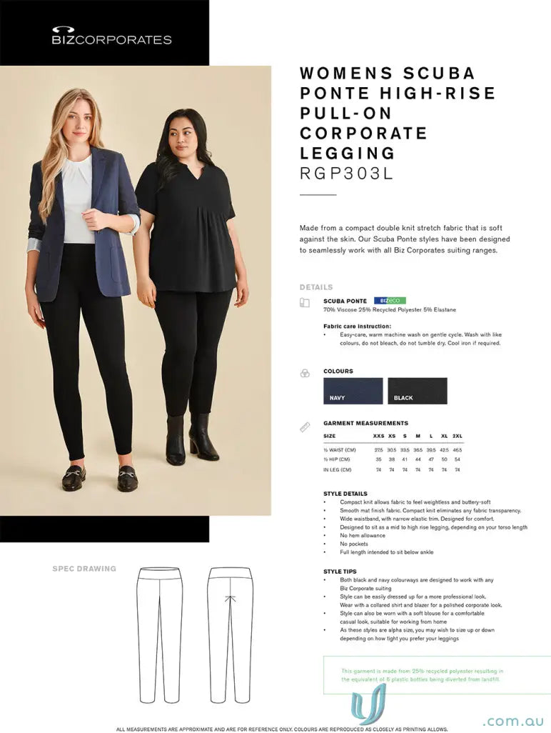 Two women modeling navy and black Womens Scuba Ponte High-rise Pull-on Corporate Leggings