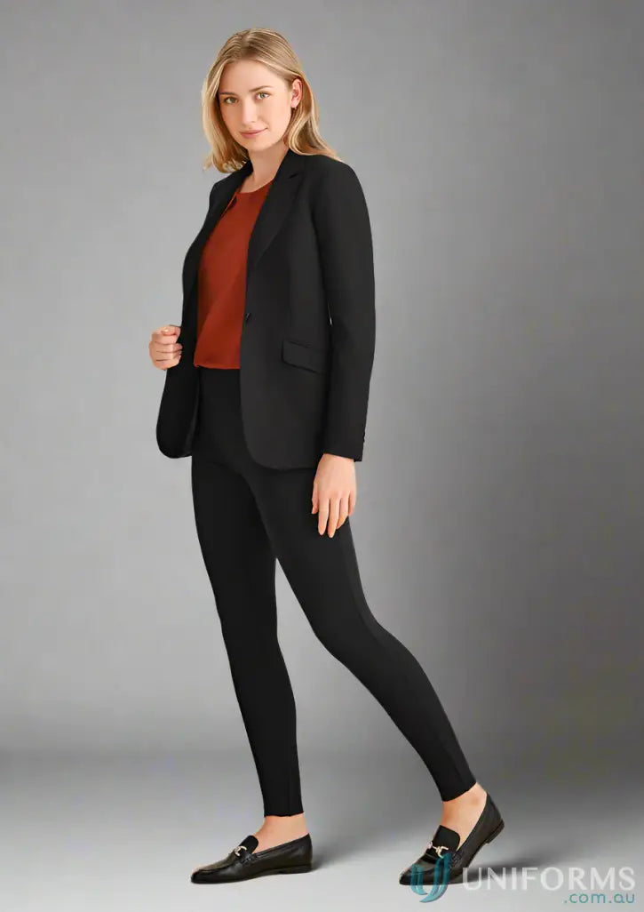 Women wearing Womens Scuba Ponte High-Rise Corporate Legging with black blazer and burnt orange top