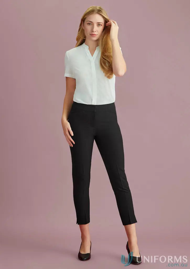 Women’s light mint green short-sleeve blouse with black mid-waist slim leg trousers RGP308L for effortless elegance womens