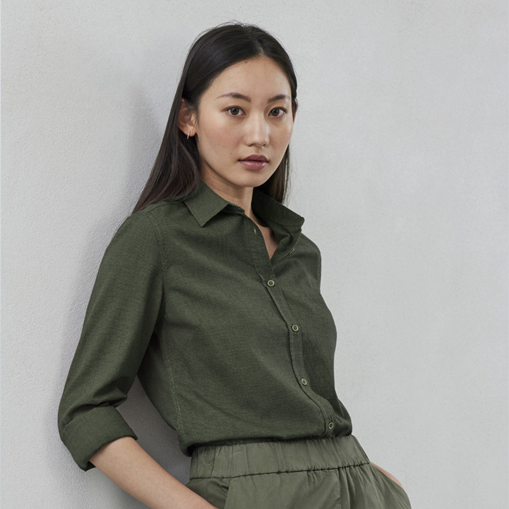 Olive green textured Biz Collection Womens Soul LS shirt back