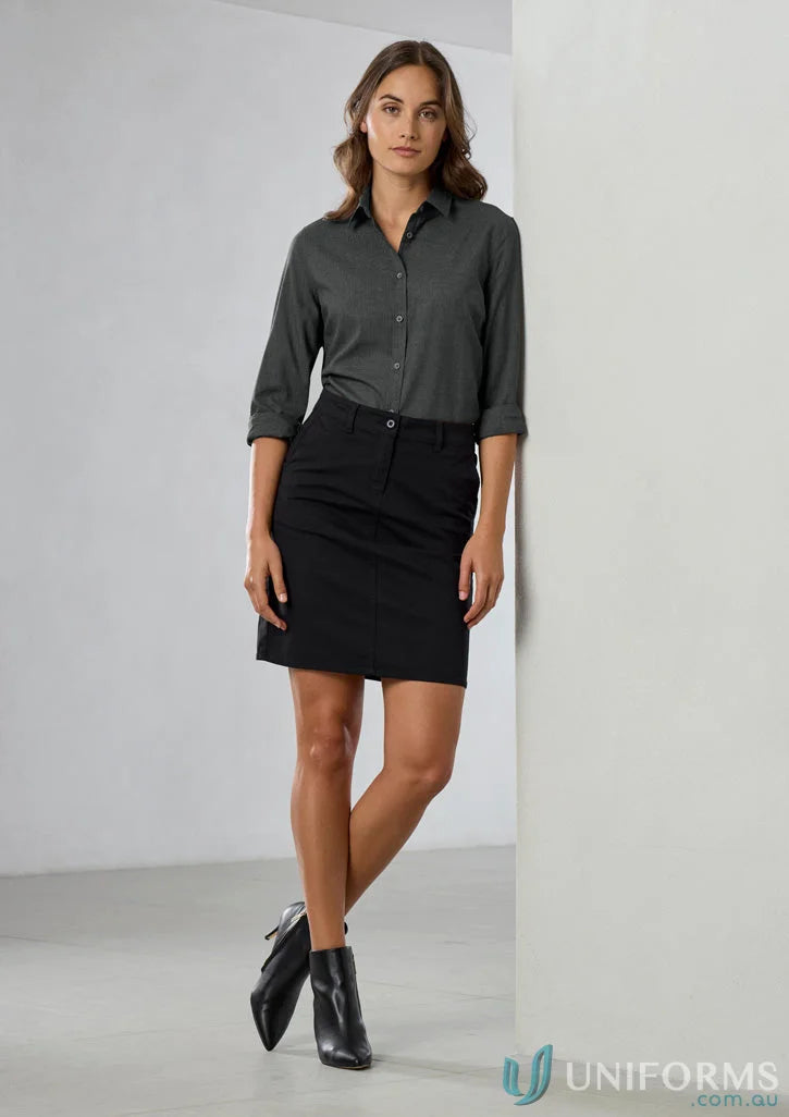 Womens Soul LS Shirt featuring woman in gray button-down and black skirt for biz collection womens