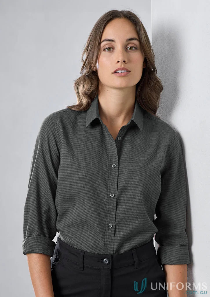 Woman’s gray button-down shirt from Womens Soul LS Shirt in Biz Collection Womens