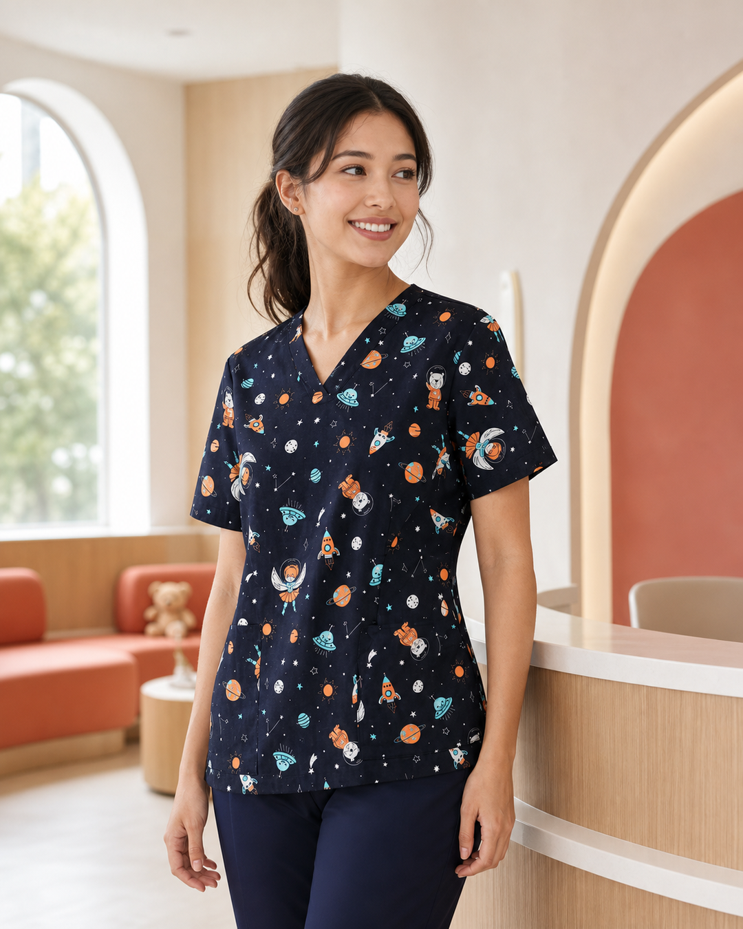 Womens Space Party Scrub Top