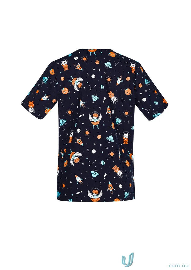 Dark blue space-themed scrub top from Bizcare women’s printed space party scrub collection
