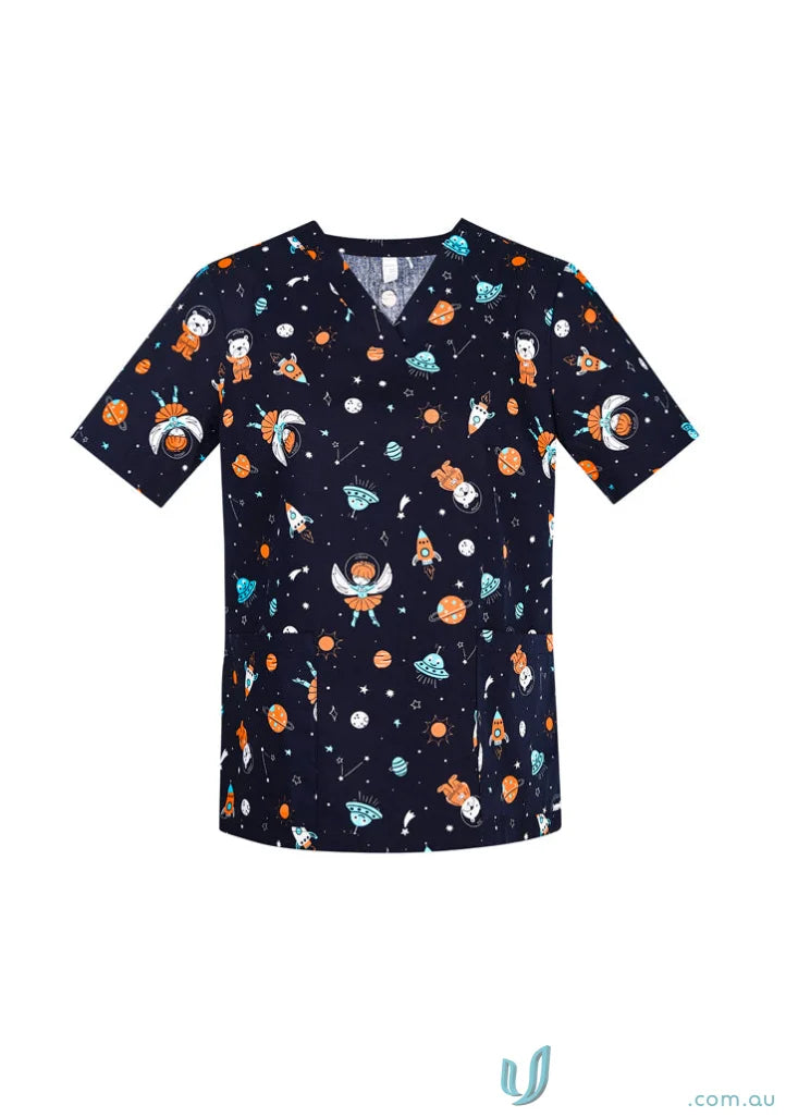 Space-themed scrub top from Bizcare Women’s Printed Space Party Scrub collection