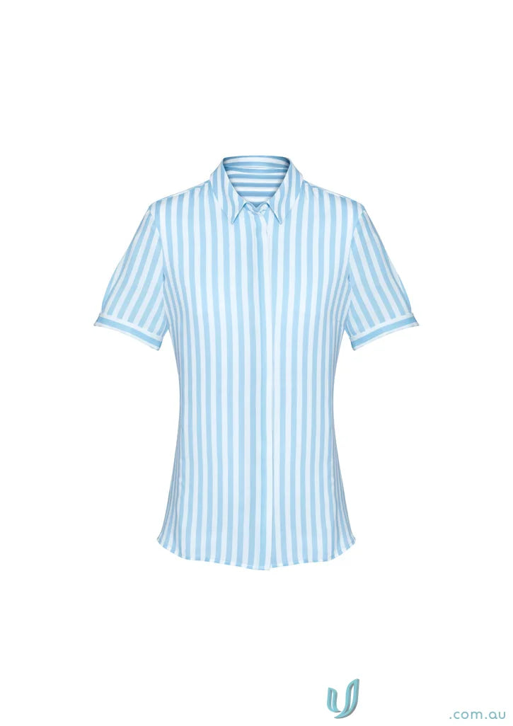 Blue and white striped short-sleeved shirt from Womens Verona S/S Shirt, perfect for work uniforms
