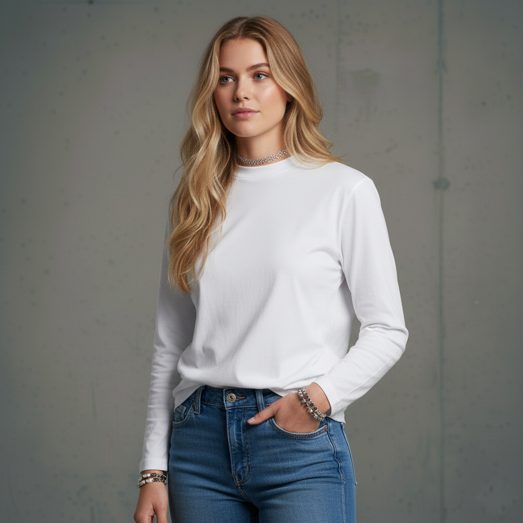 White versatile long sleeve tee with mock neck and ribbed cuffs
