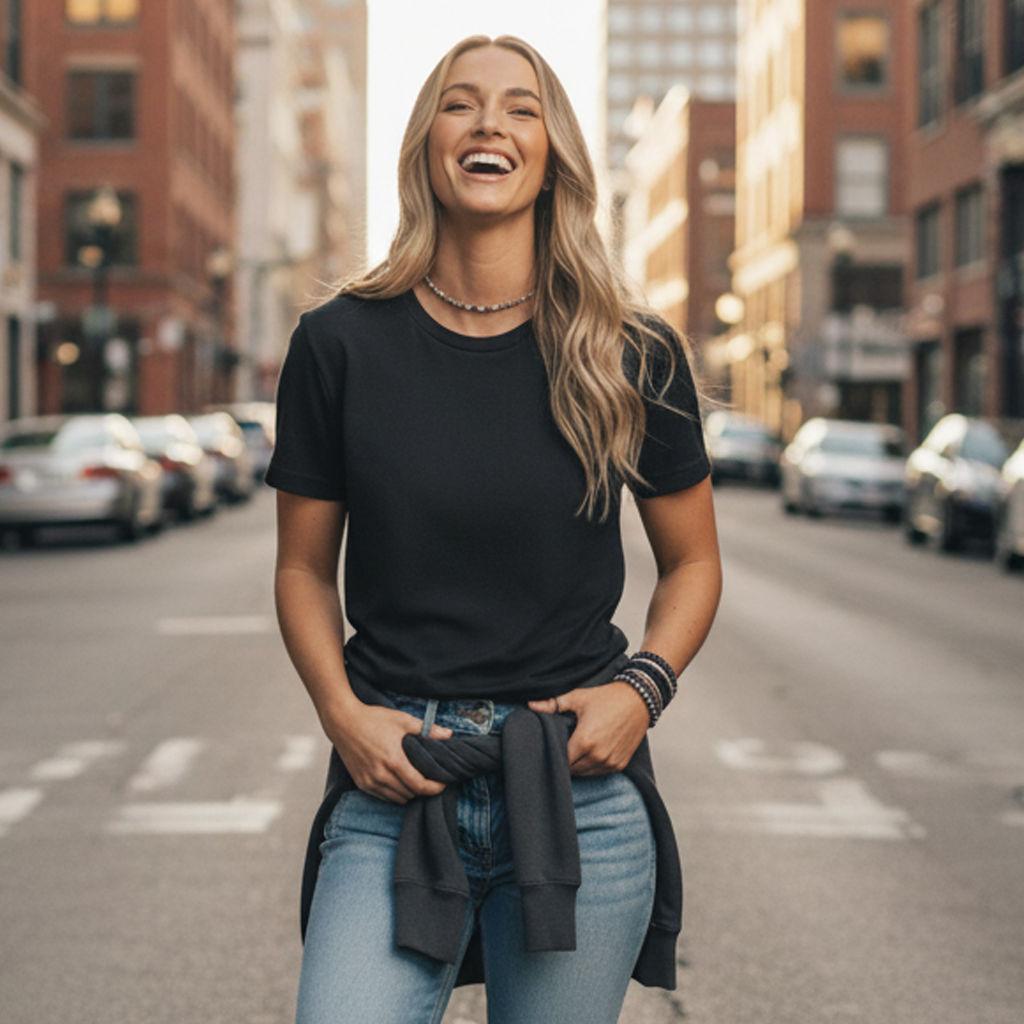 Black Womens Versatile Maple Tee with high-low hem and pocket