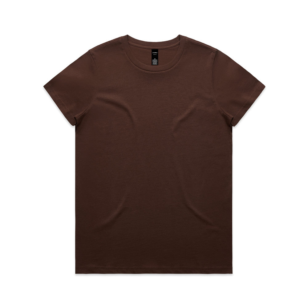 Women’s versatile Maple Tee: brown crew neck short sleeve t-shirt with back logo