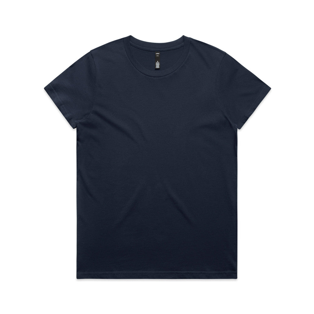 Navy blue versatile Maple Tee for women with short sleeves and white logo