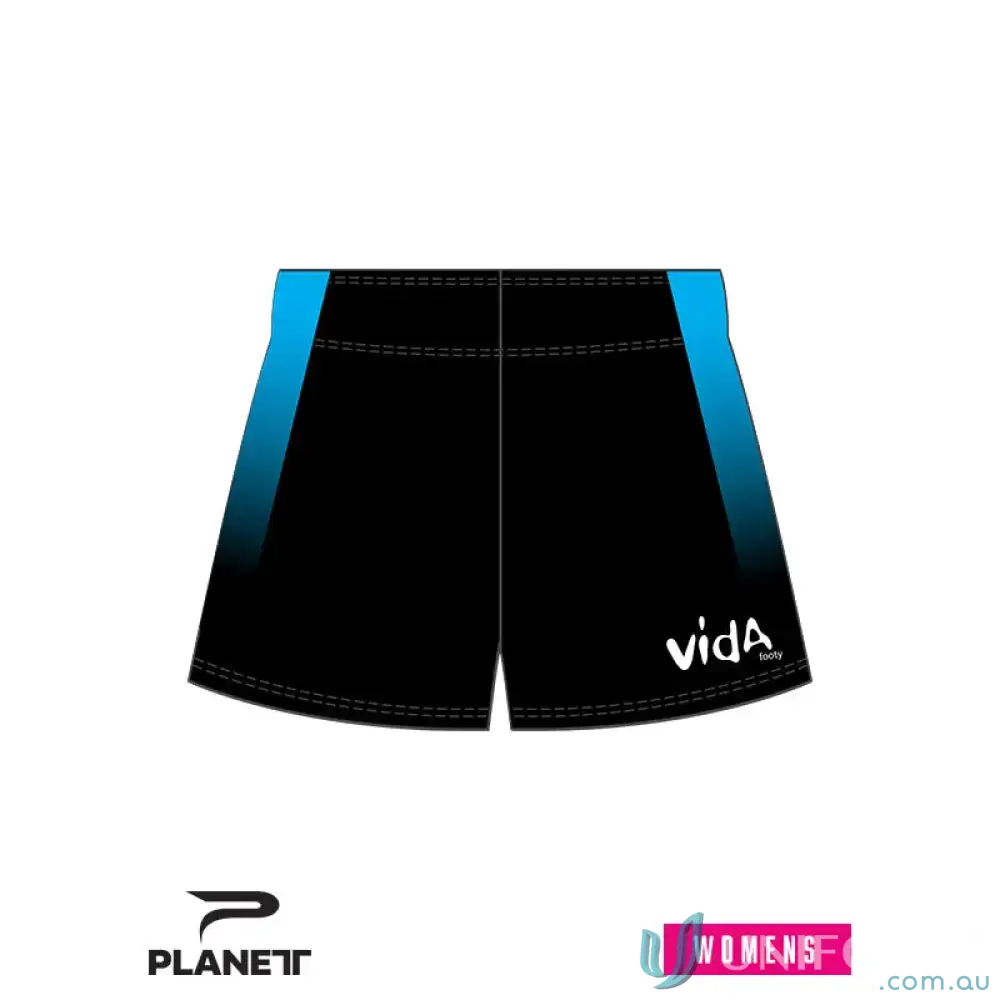 Black women’s VIDA shorts with blue side panels, made from tech moisture removal sports fabric