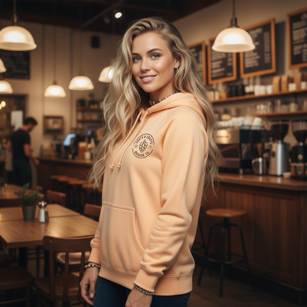 Woman wearing a peach hoodie in a cozy cafe setting