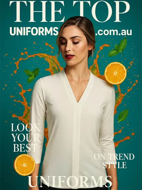 Woman wearing a white blouse with orange slices and leaves on a teal background, promoting 'The Top Uniforms'.