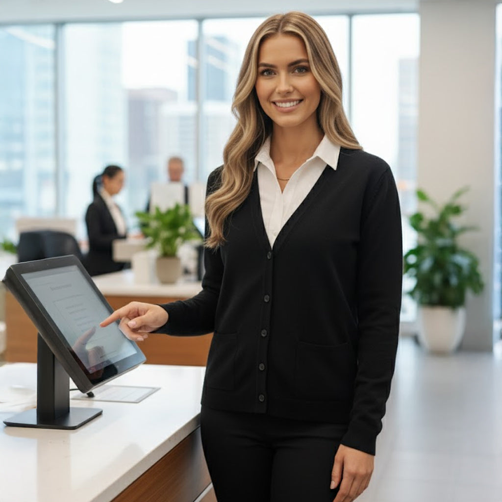 Womens woolmix cardigan black with buttons over white shirt pockets add