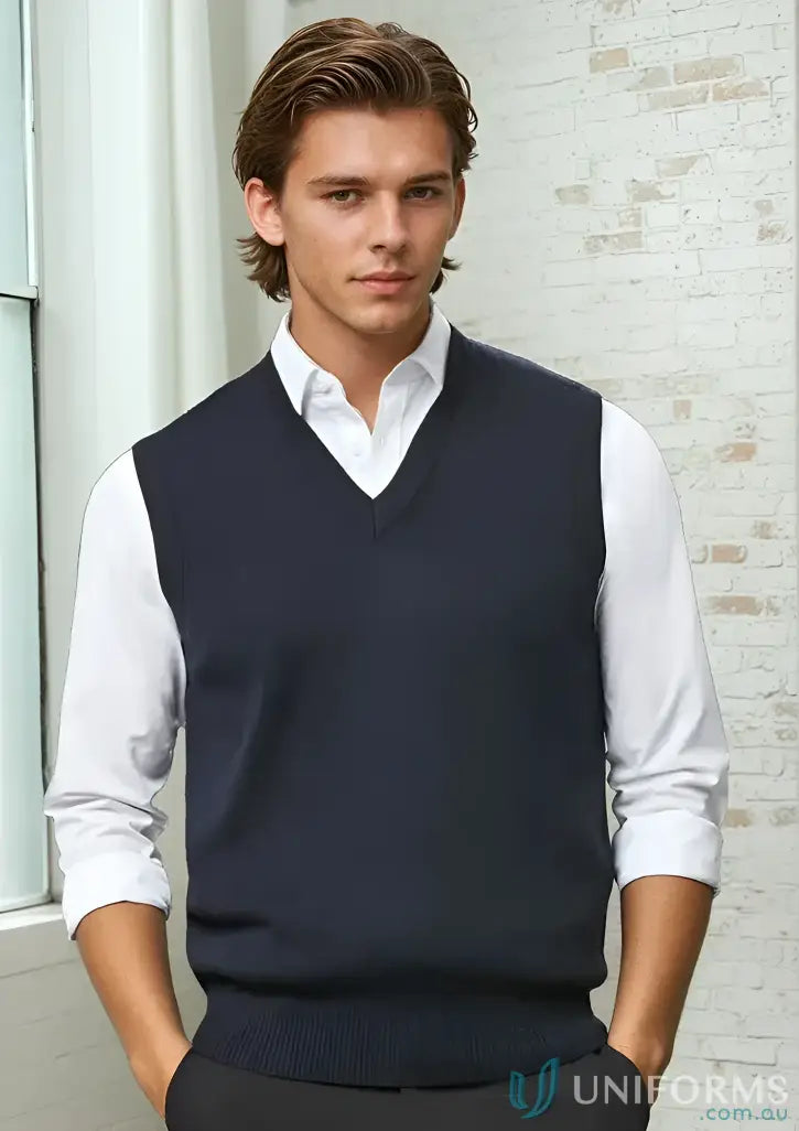 Dark navy wool mix vest over white shirt from Biz Collection Wool Mix Vest offers
