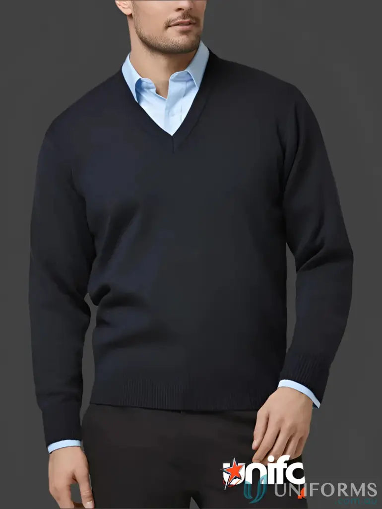 Navy V-neck sweater from Woolmix Knit Pullover collection, comfy knit pullover for fall