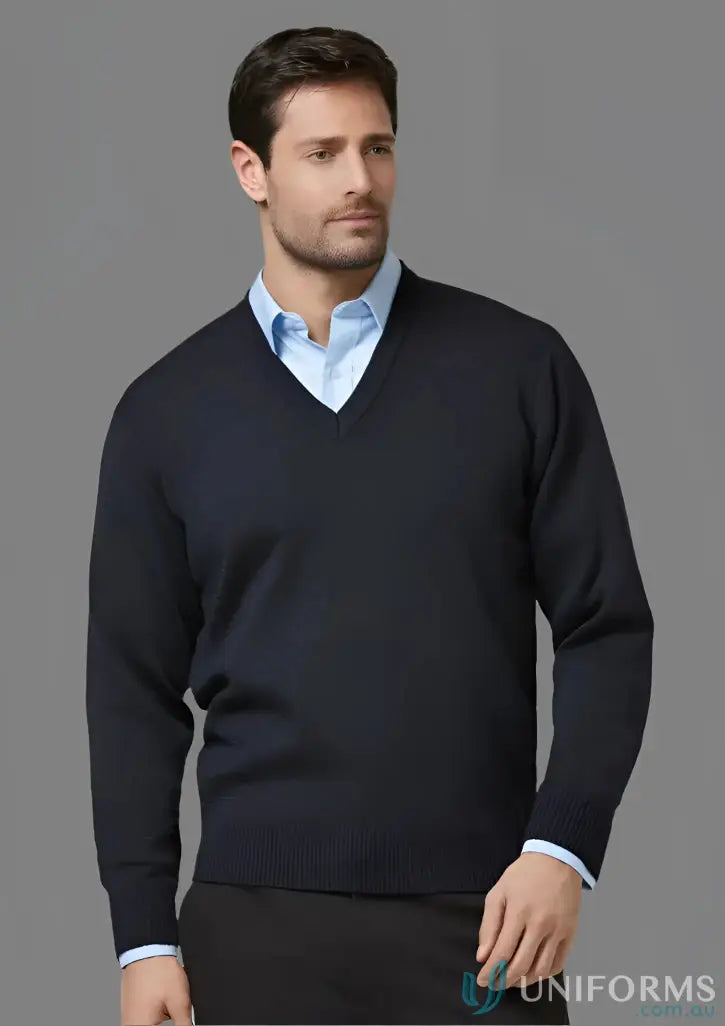 Navy V-neck sweater from Woolmix Knit Pullover collection, stylish knit pullover for men