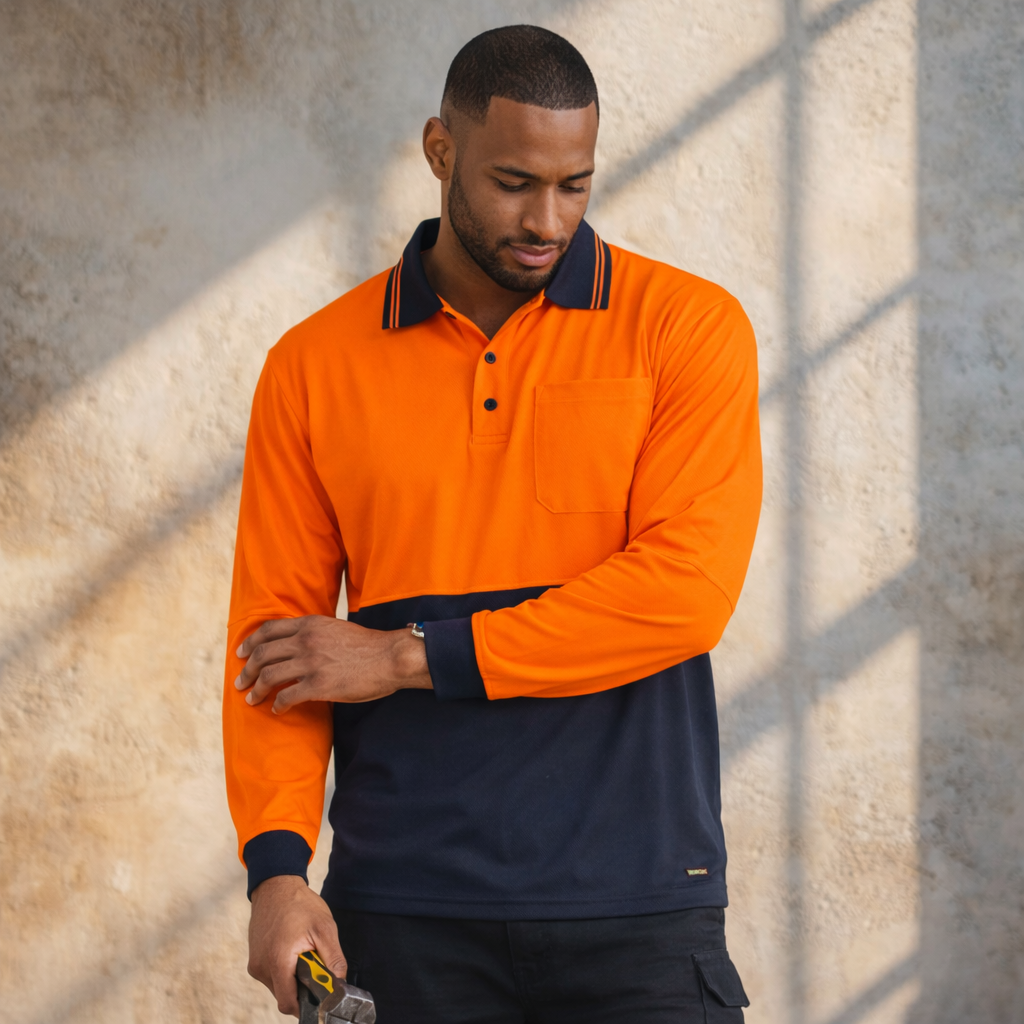 WorkCraft HiVis lightweight LS polo in bright orange navy with double stripe workwear uniforms