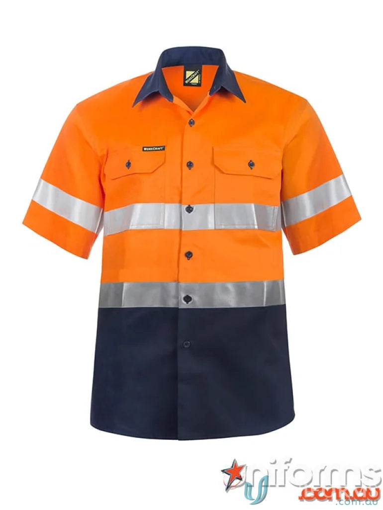 Orange and navy blue WorkCraft HiVis S/S shirt made of cotton drill with reflective tape for work uniform safety