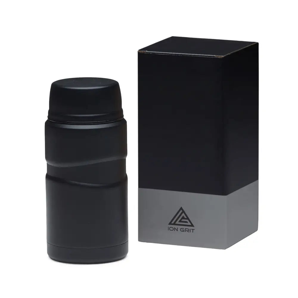 Black insulated workfuel 750ml food jar with ribbed design and lid next to packaging perfect for work uniforms and workwear