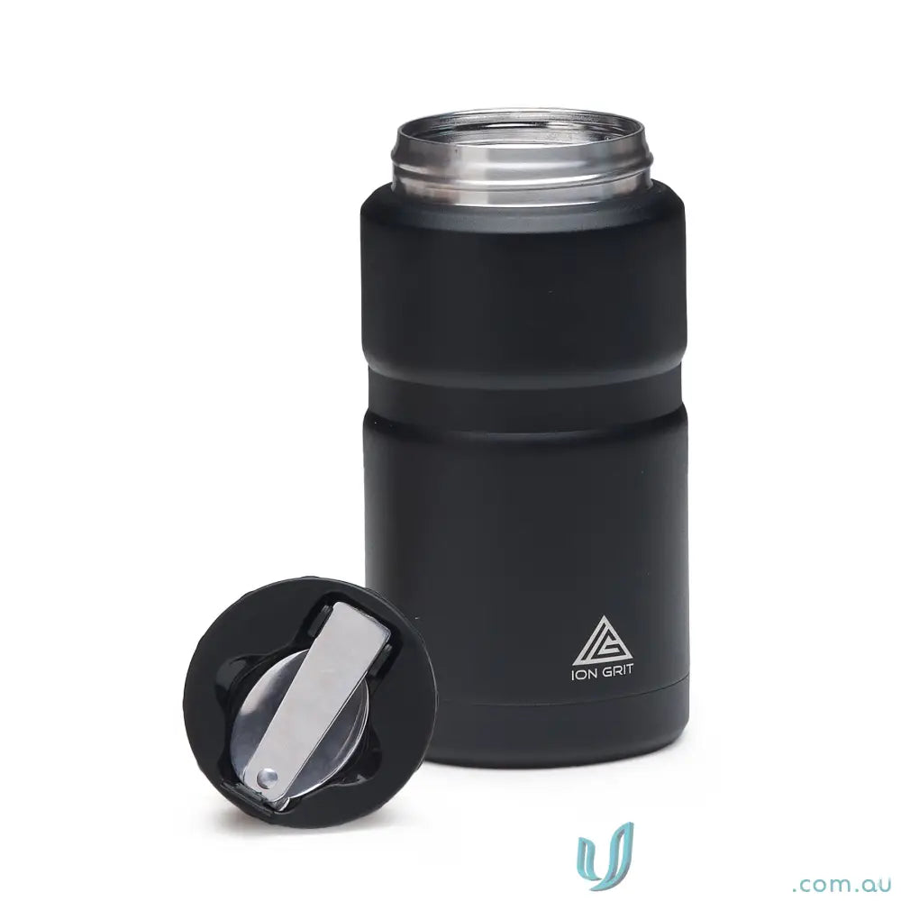 Matt black 750ml insulated food jar with foldable spoon for on-the-go meals