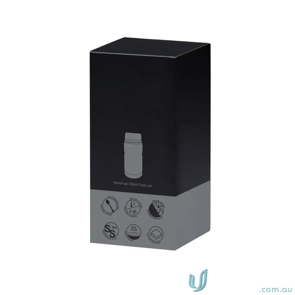 Black and grey packaging for WorkFuel 750ml insulated stainless steel food jar with foldable spoon