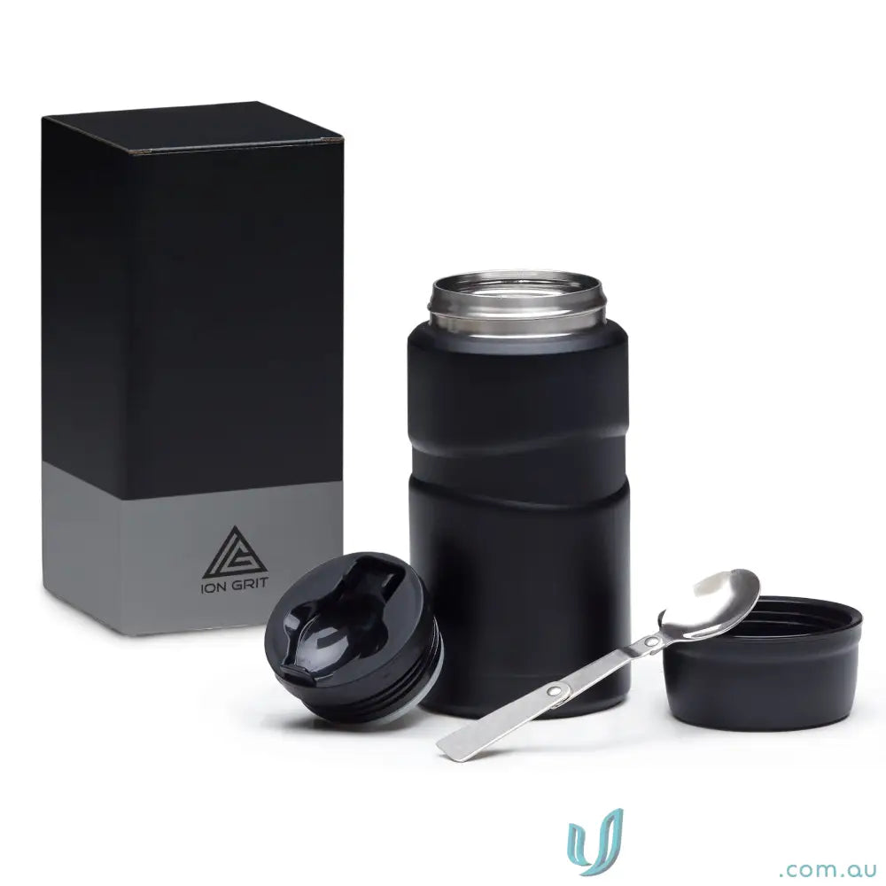 Matt black 750ml insulated food jar with lid, cup, and foldable spoon for on-the-go meals