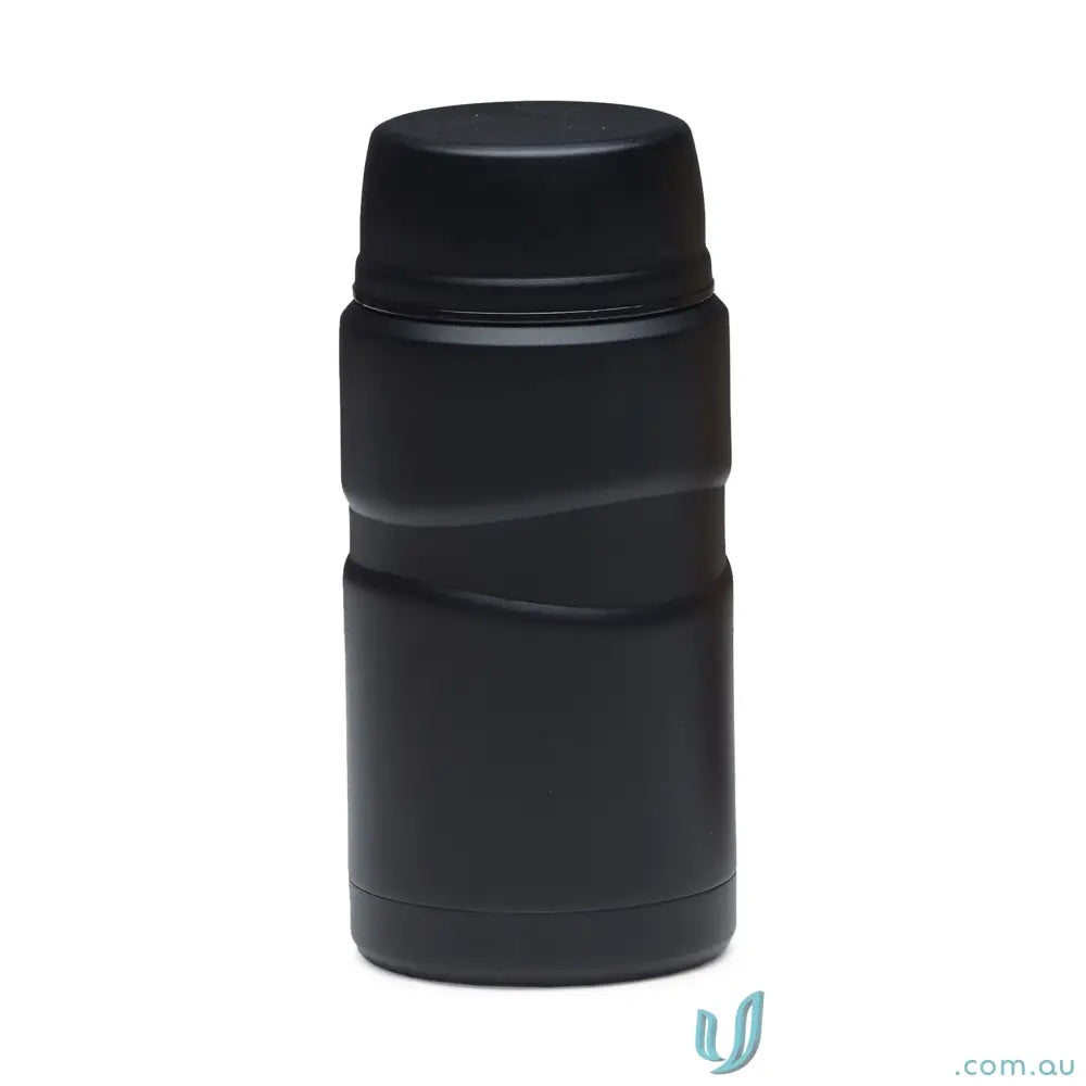 Matt black 750ml insulated food jar with textured grip and foldable spoon inside