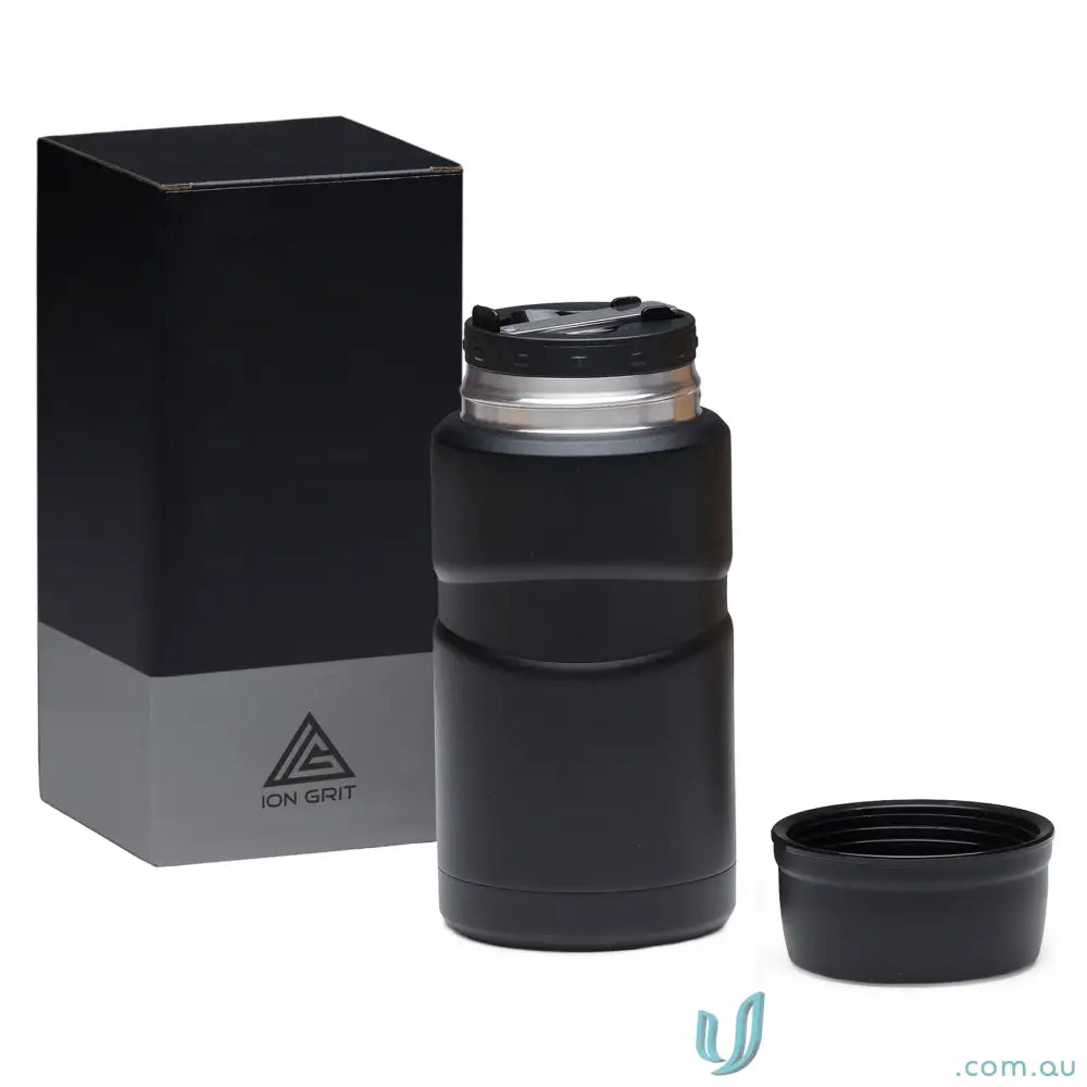 Matt black 750ml insulated water bottle with foldable spoon and packaging box