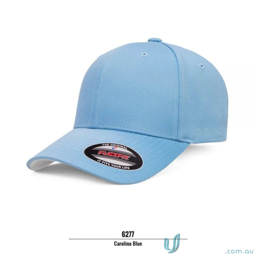 Carolina blue athletic shape Flexfit Cap 6277 with silver details and world cap design
