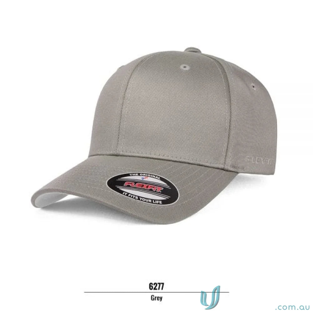 Gray fitted baseball cap with Flexfit technology and athletic shape, part of World Cap collection